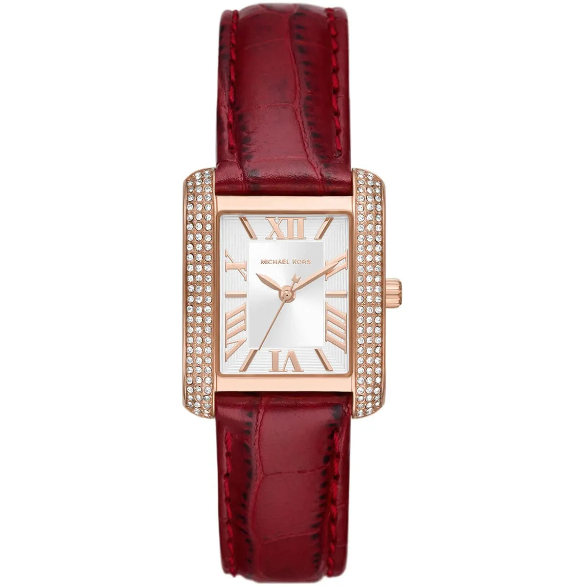 Authentic real-life photo of Michael Kors MK4689 showing red leather strap and rectangular crystal bezel