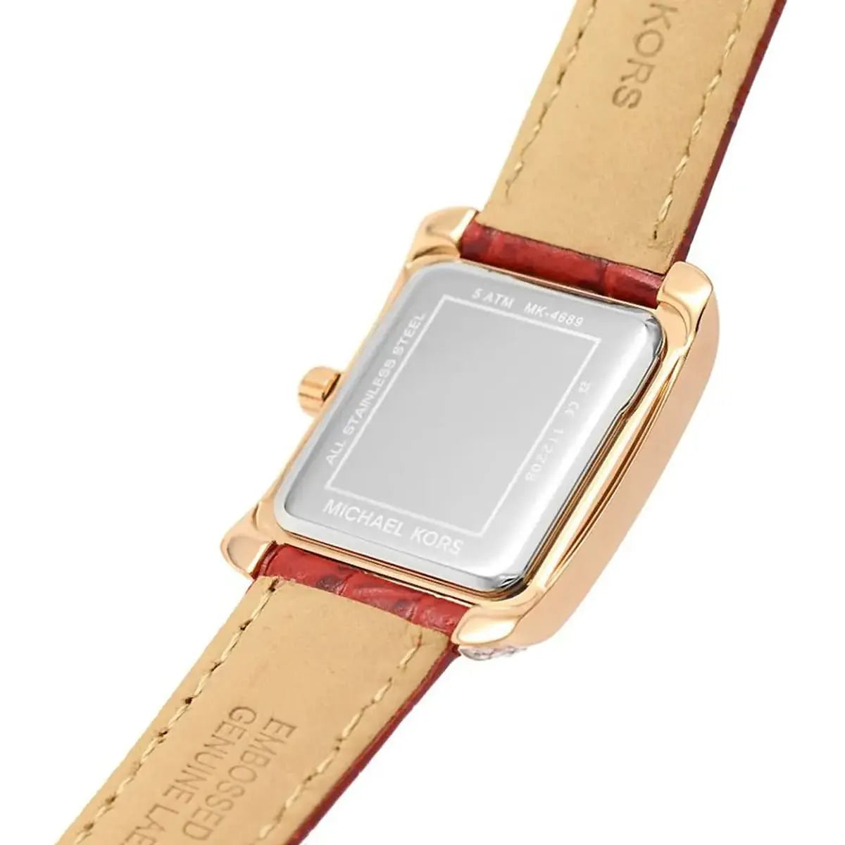 Back view photo of Michael Kors MK4689 showing the stainless steel caseback info