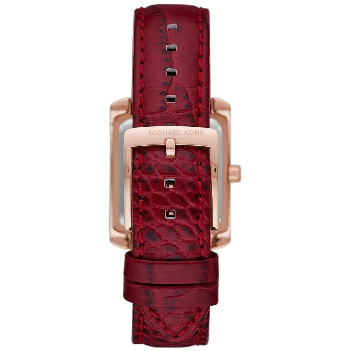 Photo of the rose gold-tone buckle on the Michael Kors MK4689 red leather strap