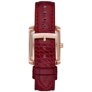 Photo of the rose gold-tone buckle on the Michael Kors MK4689 red leather strap