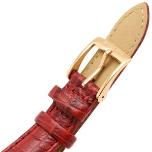 Photo of the rose gold-tone buckle on the Michael Kors MK4689 red leather strap