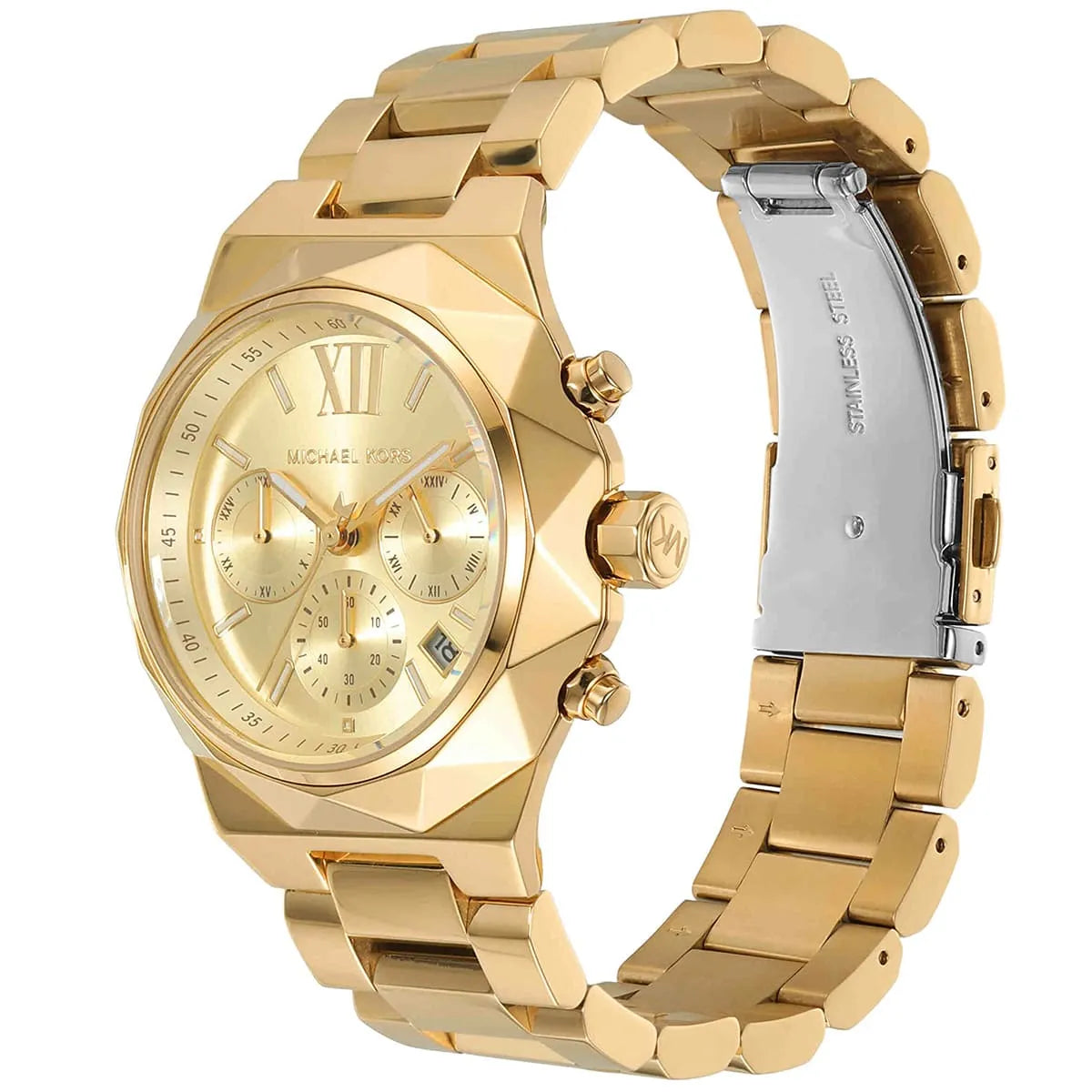 Right angled view of Michael Kors Raquel MK4690 women's quartz battery watch highlighting faceted gold finish and chronograph detail