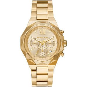 Michael Kors Raquel MK4690 women's quartz battery watch with gold dial, faceted gold-tone case, gold stainless steel bracelet main view