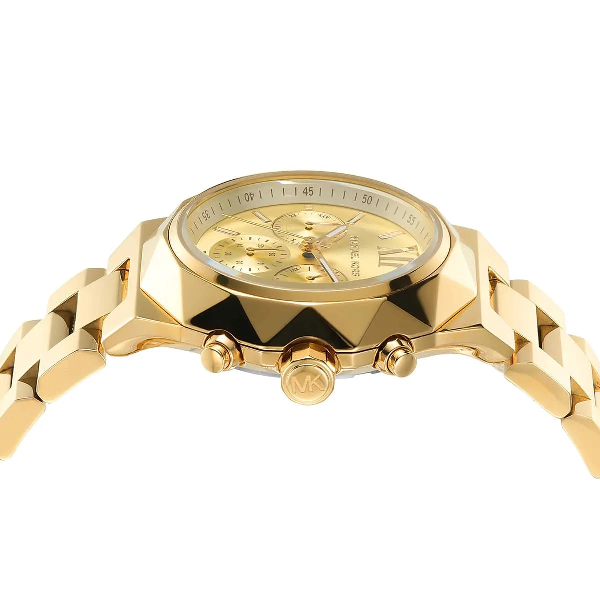 Side profile of Michael Kors Raquel MK4690 women's quartz battery watch showing 10mm thickness and faceted geometric finish
