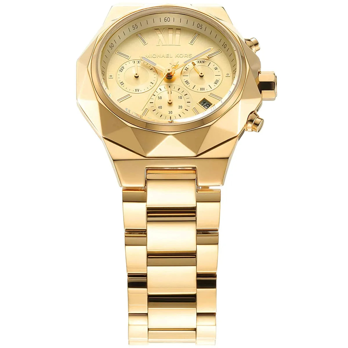 Left angled view of Michael Kors Raquel MK4690 women's quartz battery watch showing gold-tone stainless steel bracelet and case profile