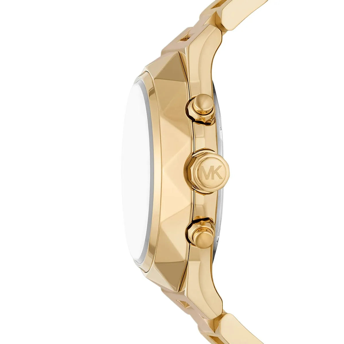 Side profile of Michael Kors Raquel MK4690 women's quartz battery watch showing 10mm thickness and faceted geometric finish