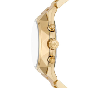 Side profile of Michael Kors Raquel MK4690 women's quartz battery watch showing 10mm thickness and faceted geometric finish