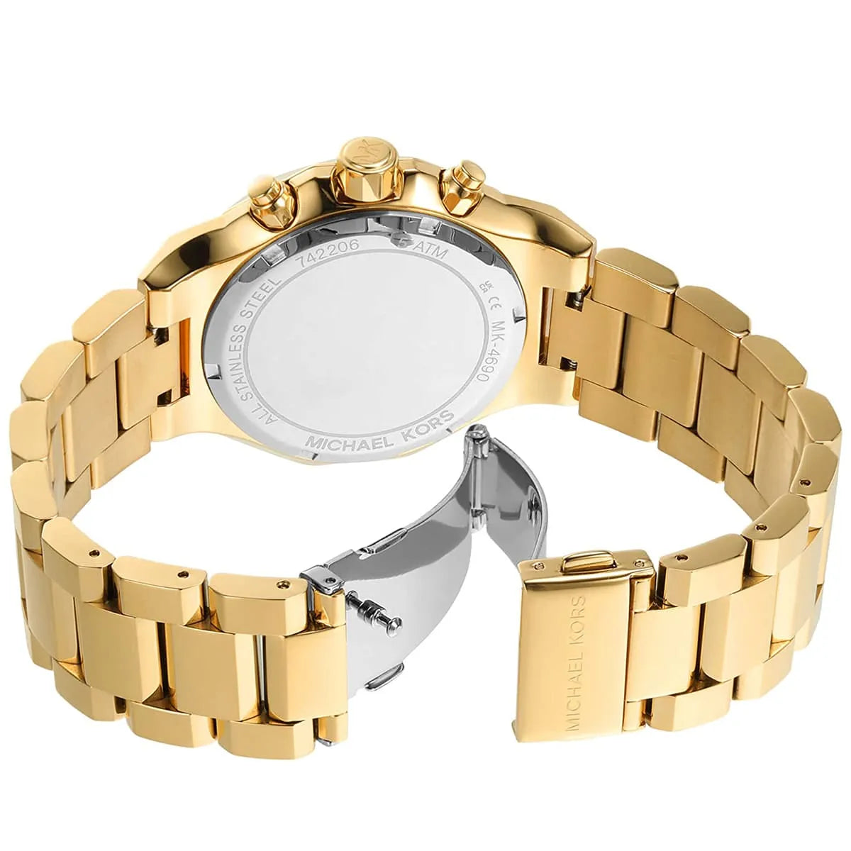 Gold-tone deployment clasp on Michael Kors Raquel MK4690 women's quartz battery metal bracelet watch
