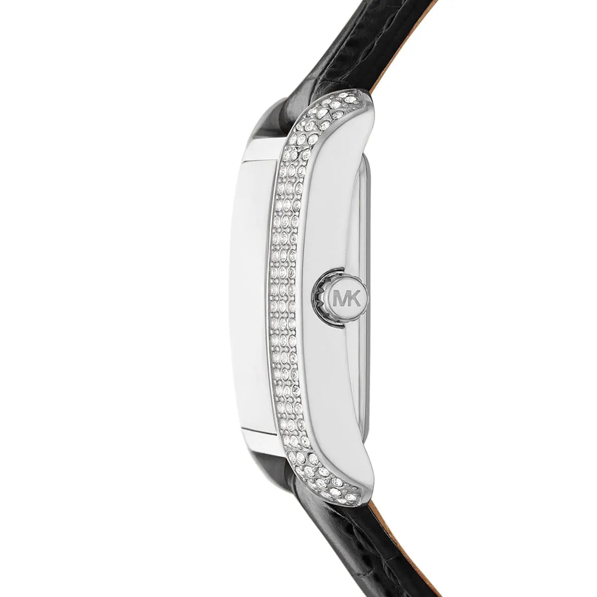 Angled view of Michael Kors MK4696 highlighting the crystal-set borders and polished finish