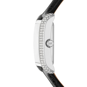 Angled view of Michael Kors MK4696 highlighting the crystal-set borders and polished finish