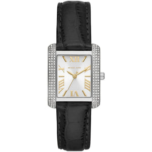 Michael Kors Emery MK4696 women's watch with silver-tone rectangular case and black leather strap