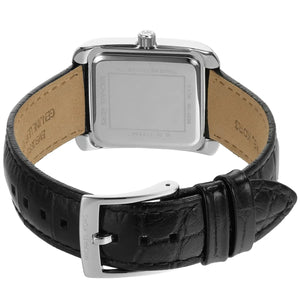 Silver-tone stainless steel pin buckle on the black leather strap of the Michael Kors watch