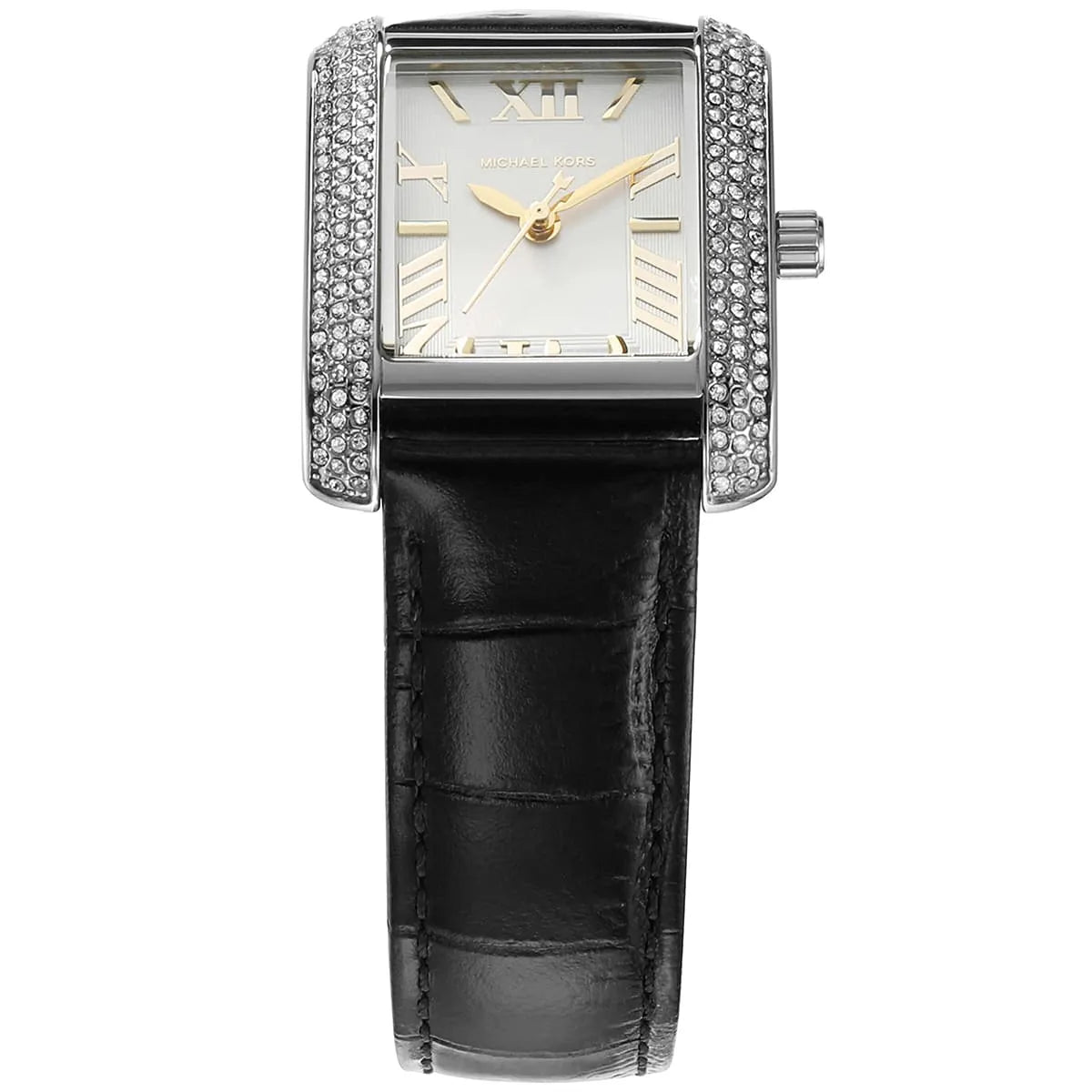 Side profile view of the slim 8mm silver-tone case of the Michael Kors Emery watch