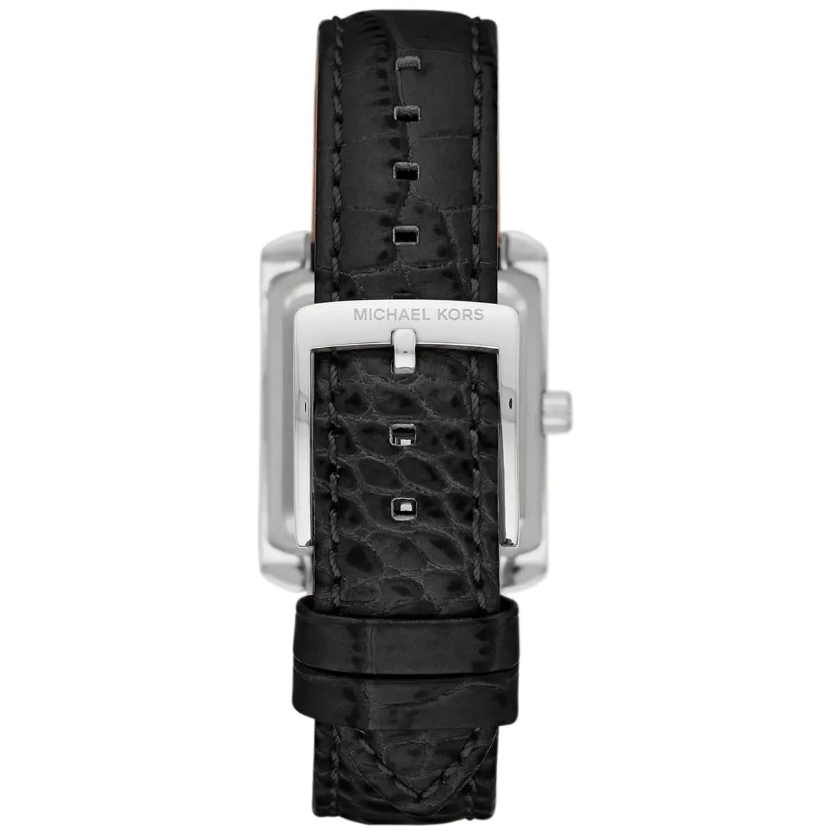 Silver-tone stainless steel pin buckle on the black leather strap of the Michael Kors watch