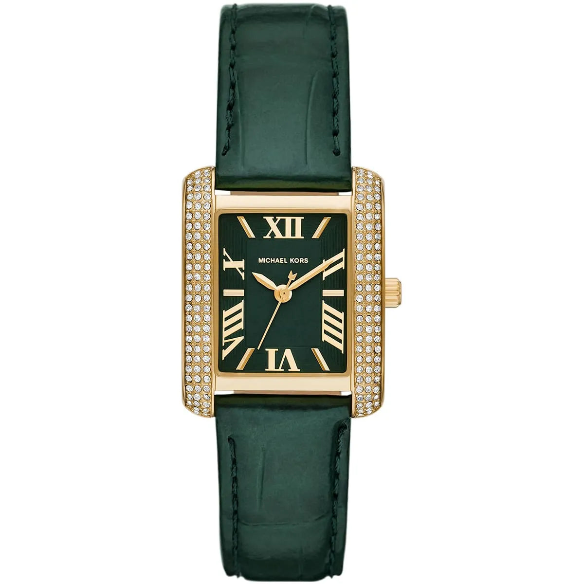 Michael Kors Emery MK4697 women watch with rose gold rectangular case and green leather strap