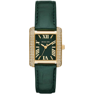 Michael Kors Emery MK4697 women watch with rose gold rectangular case and green leather strap