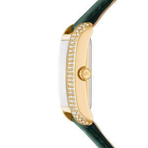 Right side profile view of the 8mm rose gold-tone case on the Michael Kors Emery watch