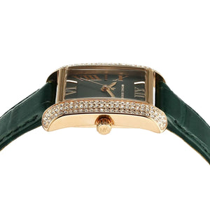 Detailed angled view focusing on the premium green croc-embossed leather strap texture