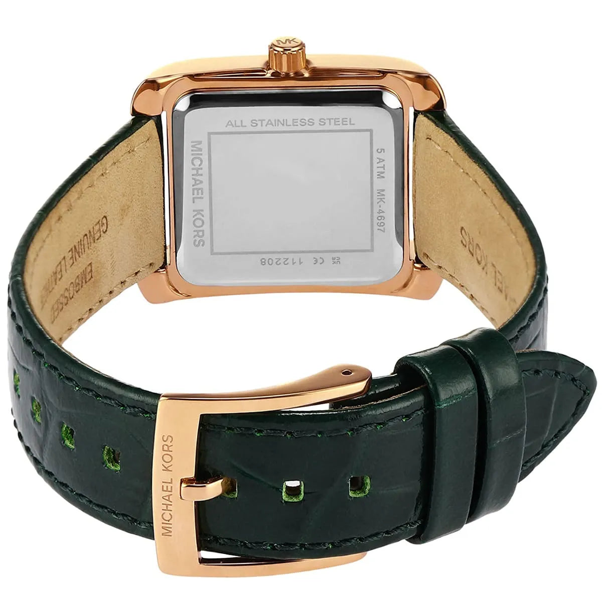 Inside view of the secure rose gold buckle and genuine leather marking on Michael Kors MK4697