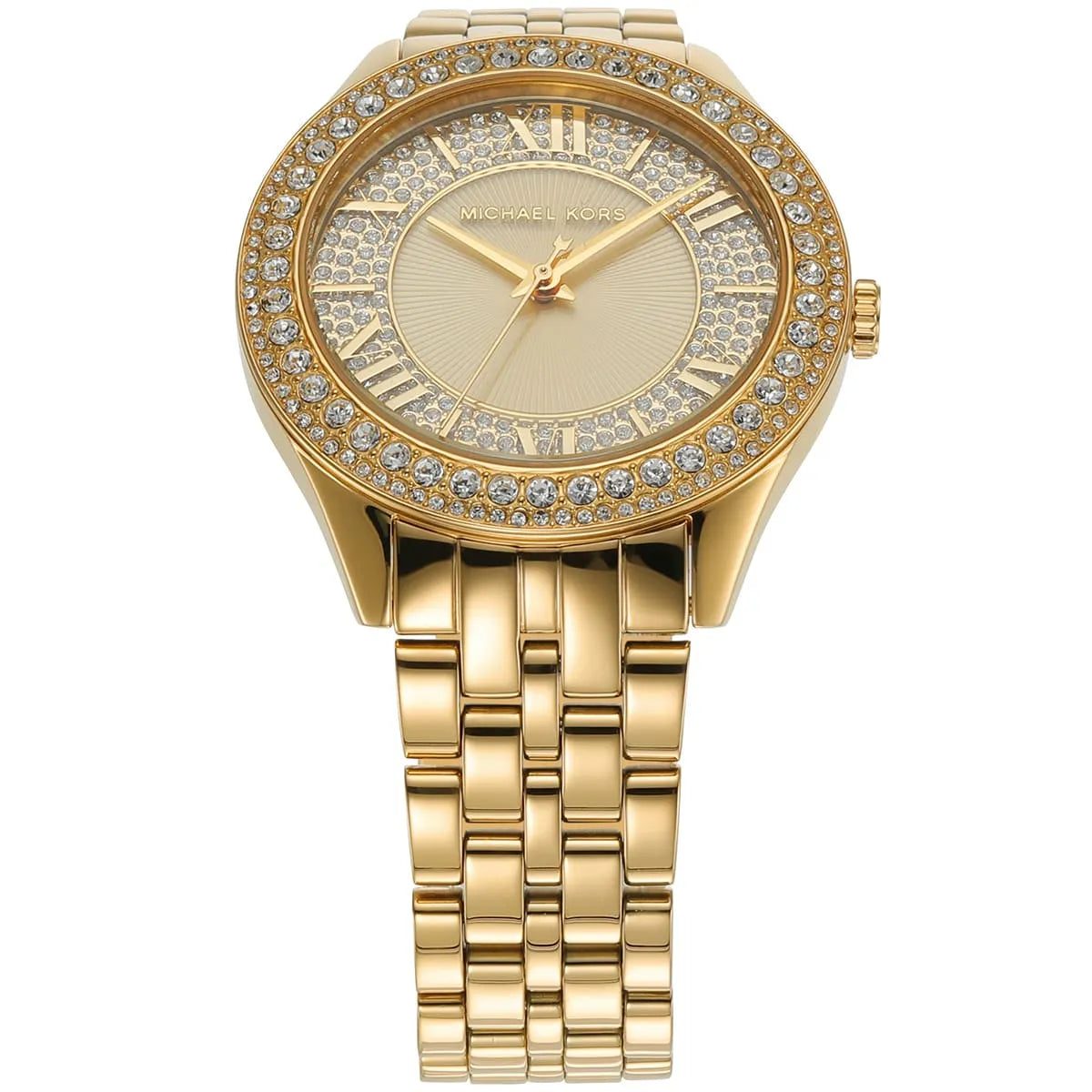Right angled view of Michael Kors Harlowe MK4709 women's quartz battery watch highlighting gold finish and crystal details