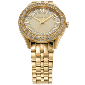 Right angled view of Michael Kors Harlowe MK4709 women's quartz battery watch highlighting gold finish and crystal details