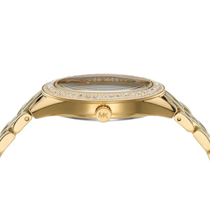 Detailed view of gold-tone crown on Michael Kors Harlowe MK4709 women's quartz battery watch with pave dial and metal bracelet