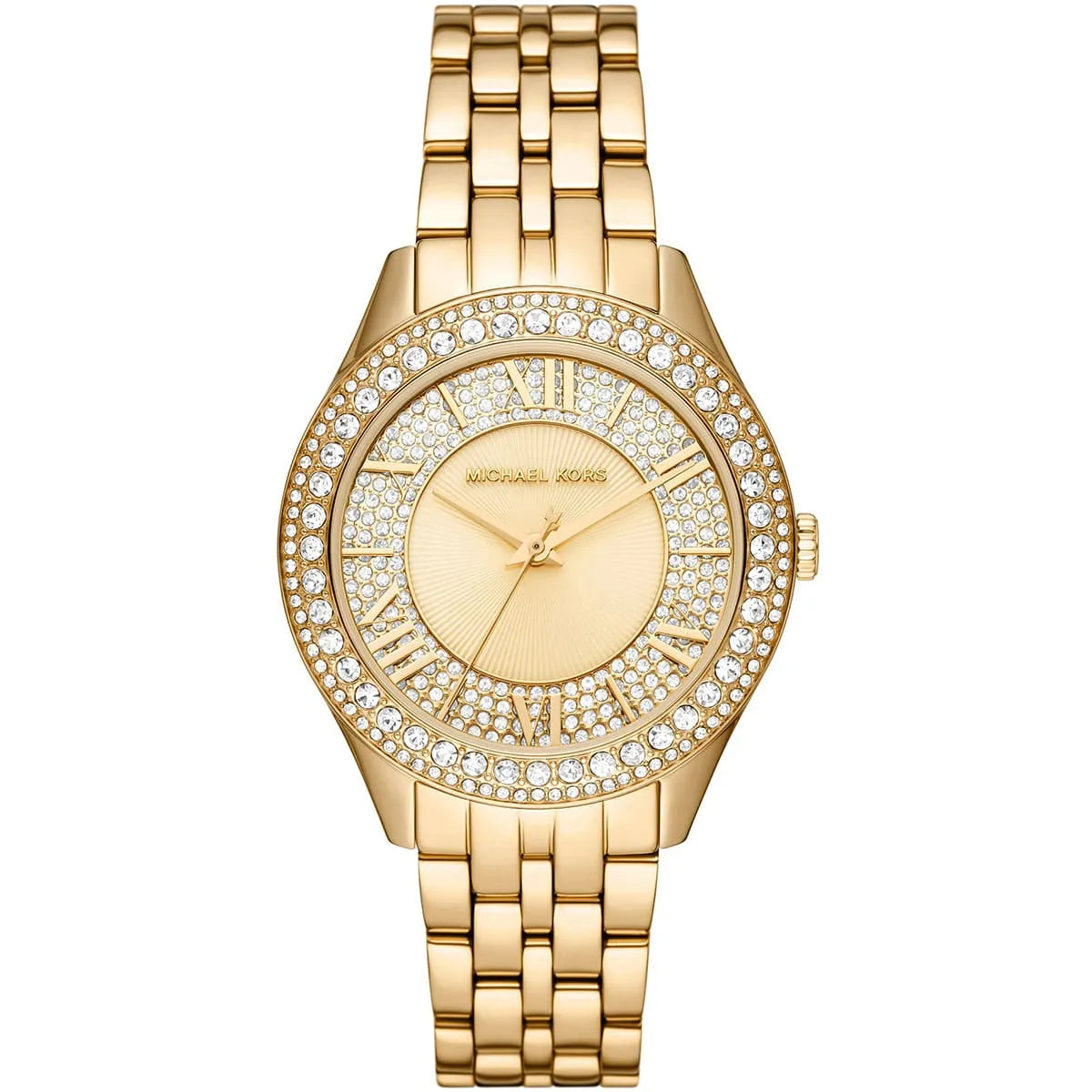 Michael Kors Harlowe MK4709 women's quartz battery watch with gold crystal pave dial, gold-tone case, gold stainless steel bracelet main view