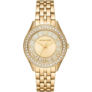 Michael Kors Harlowe MK4709 women's quartz battery watch with gold crystal pave dial, gold-tone case, gold stainless steel bracelet main view