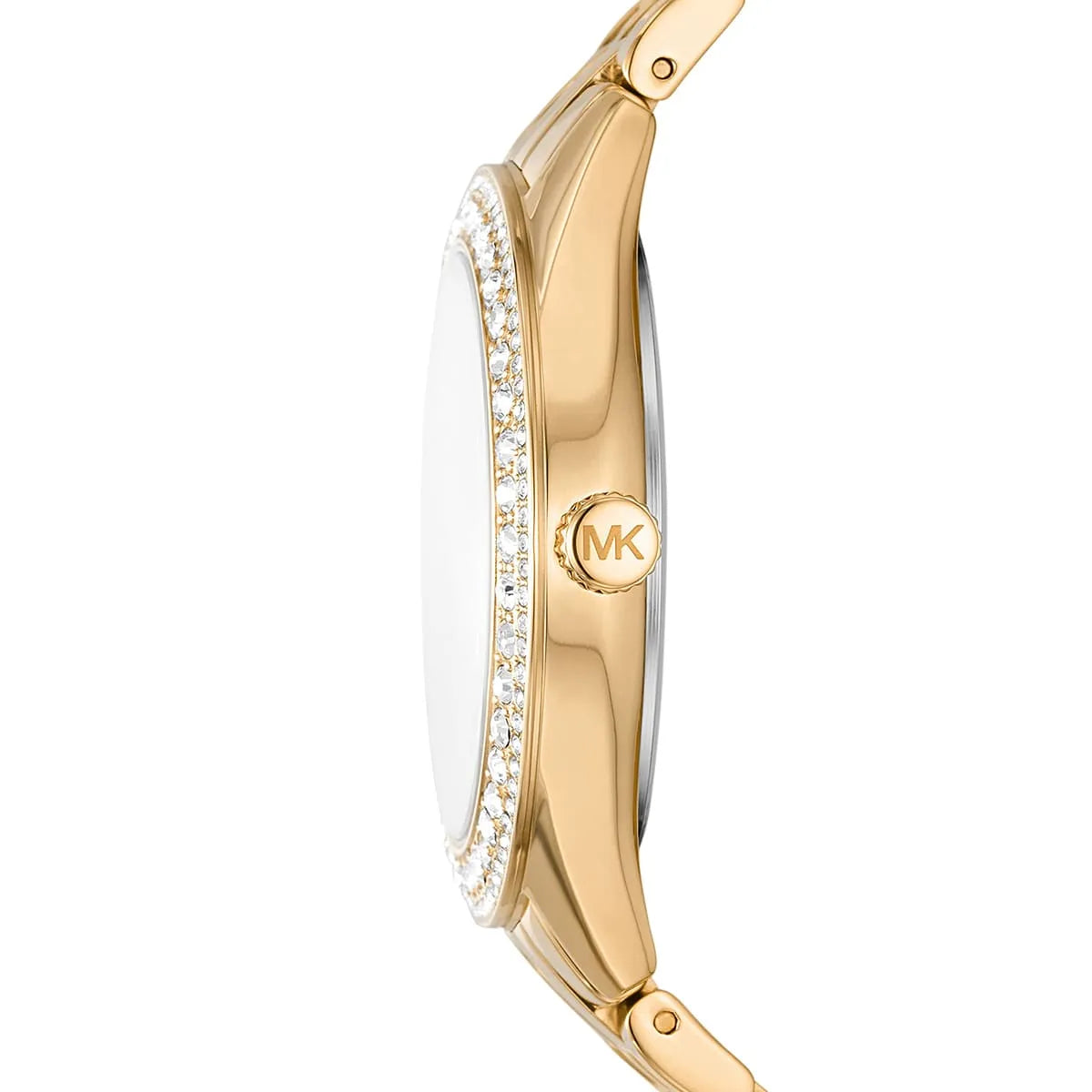 Side profile of Michael Kors Harlowe MK4709 women's quartz battery watch showing 9mm thickness and gold finish