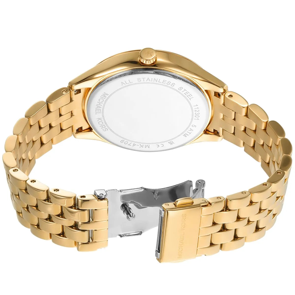 Gold-tone deployment clasp on Michael Kors Harlowe MK4709 women's quartz battery metal bracelet watch