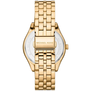 Caseback of Michael Kors Harlowe MK4709 women's quartz battery watch showing technical specs gold dial and metal bracelet