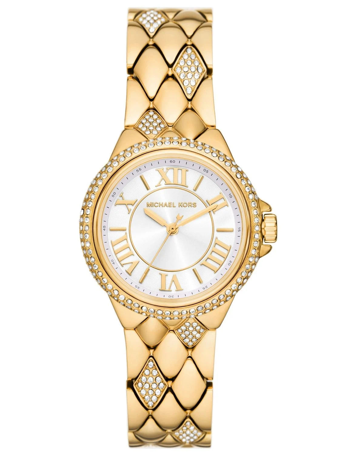 Gold watch with diamond-studded bracelet on a white background