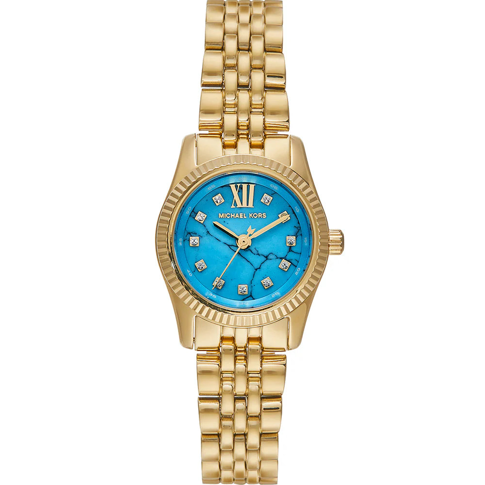 Michael Kors Lexington Mini MK4813 women's watch featuring 26mm gold-tone case, turquoise stone-effect dial, and fluted bezel