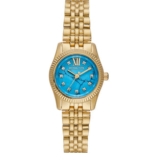 Michael Kors Lexington Mini MK4813 women's watch featuring 26mm gold-tone case, turquoise stone-effect dial, and fluted bezel