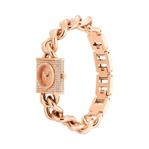 Right angled view of Michael Kors Camille MK4827 highlighting rose gold finish and crystal encrusted technical details
