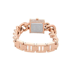Caseback of Michael Kors Camille MK4827 showing technical specs pavé dial and rose gold metal bracelet