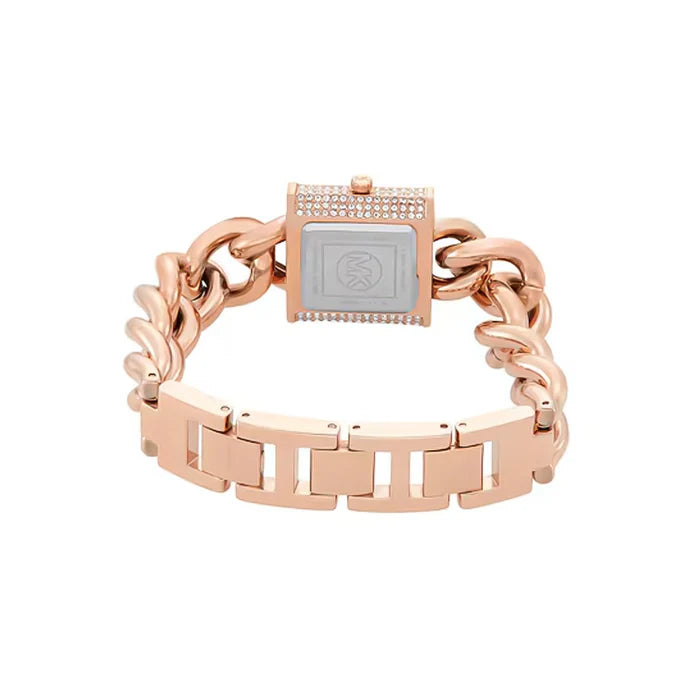 Caseback of Michael Kors Camille MK4827 showing technical specs pavé dial and rose gold metal bracelet