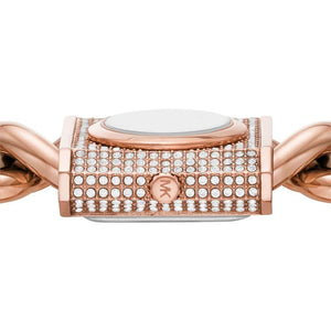 Detailed view of rose gold-tone crown on Michael Kors Camille MK4827 with pavé dial and chain metal bracelet