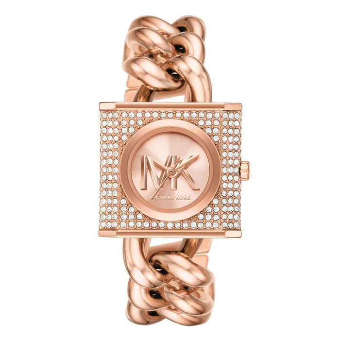 Michael Kors Camille MK4827 women's watch with full pavé crystal dial, rose gold-tone square case, rose gold stainless steel chain-link bracelet main view