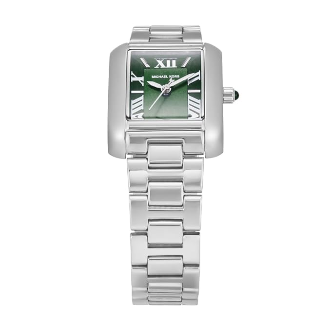 Angled real-life photo of Michael Kors MK4832 showing the polished silver tank case and green dial
