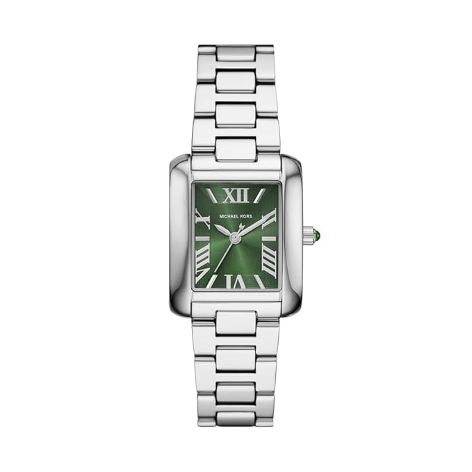 Authentic real-life photo of Michael Kors MK4832 showing actual silver finish and emerald green dial