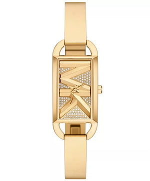 Authentic real-life photo of Michael Kors MK4840 showing gold bracelet and crystal pave MK logo dial2