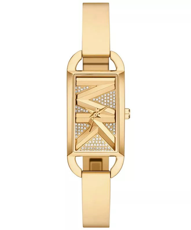 Authentic real-life photo of Michael Kors MK4840 showing gold bracelet and crystal pave MK logo dial2