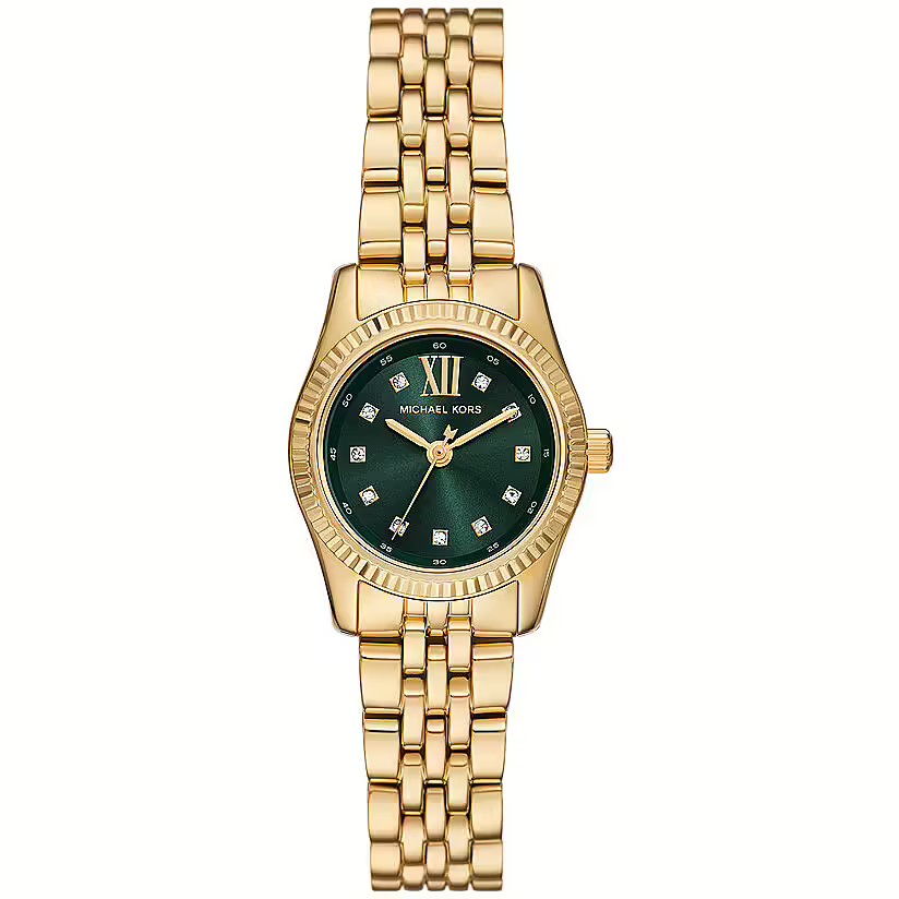Michael Kors Lexington Mini MK4842 women's watch featuring 26mm gold-tone case, emerald green dial, and crystal markers