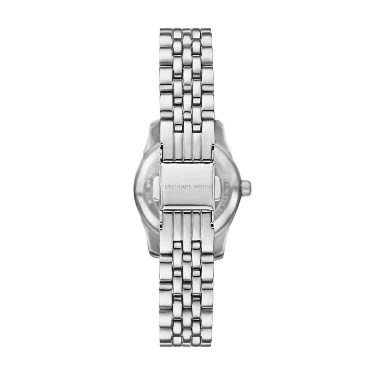 Photo of the silver-tone stainless steel deployment buckle on the Michael Kors MK4843