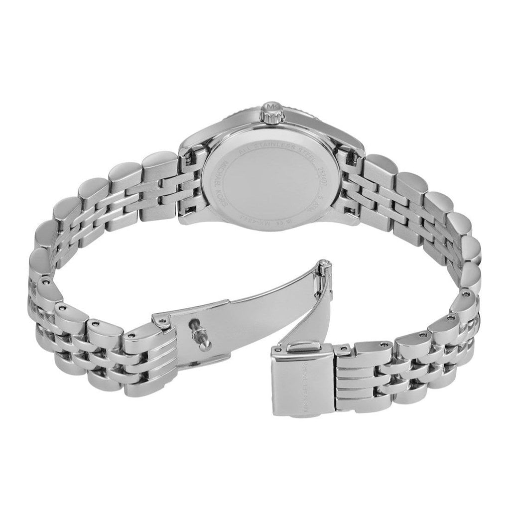 Photo of the silver-tone stainless steel deployment buckle on the Michael Kors MK4843