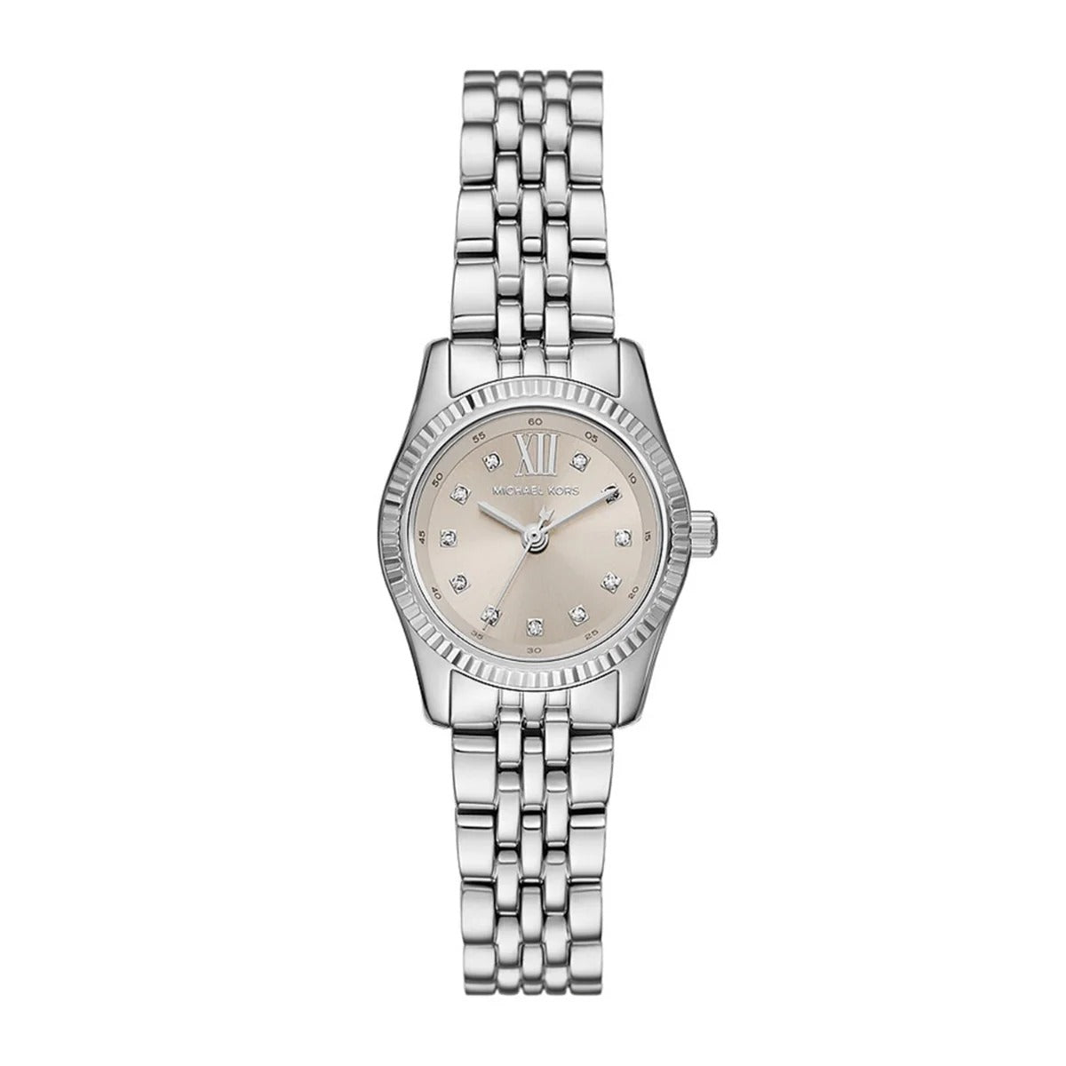 Authentic real-life photo of Michael Kors MK4843 showing actual silver finish and fluted bezel