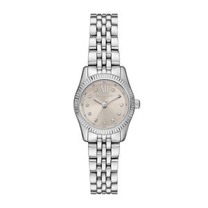 Authentic real-life photo of Michael Kors MK4843 showing actual silver finish and fluted bezel
