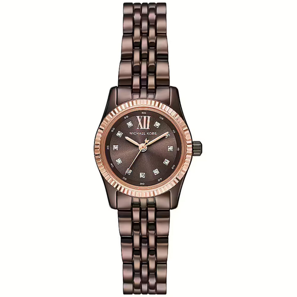 Michael Kors Lexington Mini MK4844 women's watch featuring 26mm chocolate brown case, rose gold fluted bezel, and crystal markers