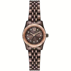 Michael Kors Lexington Mini MK4844 women's watch featuring 26mm chocolate brown case, rose gold fluted bezel, and crystal markers